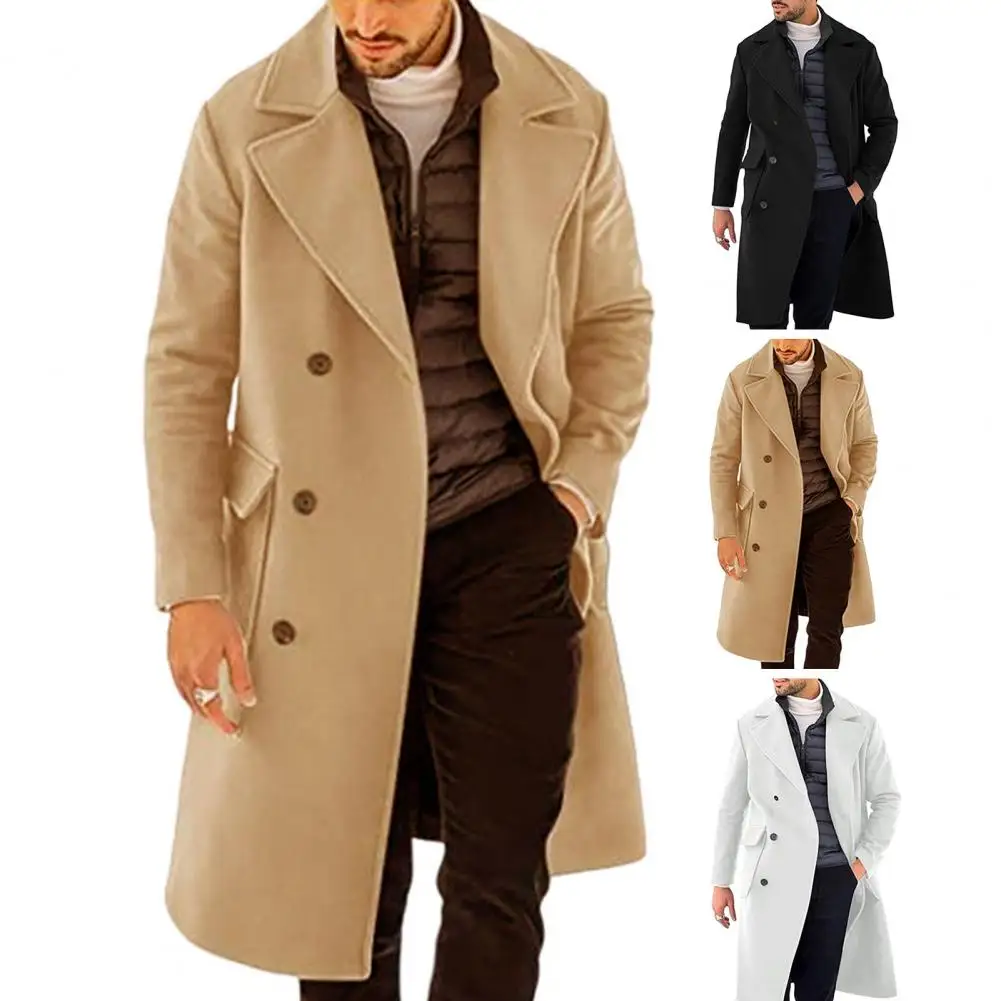 Men Overcoat Autumn Winter Lapel Collar Double-breasted Long Sleeves Pocket Male Coat Casual Loose Thick Warm Men Jacket Outwear