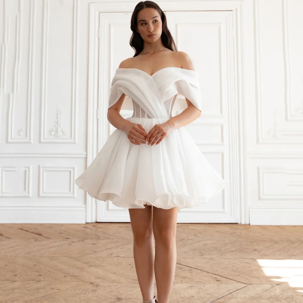 Customized Simple Tulle A-Line Wedding Dresses Illusion Off Shoulder Bridal Gowns Mini Lace Up Bride Robes Robe De Mariée