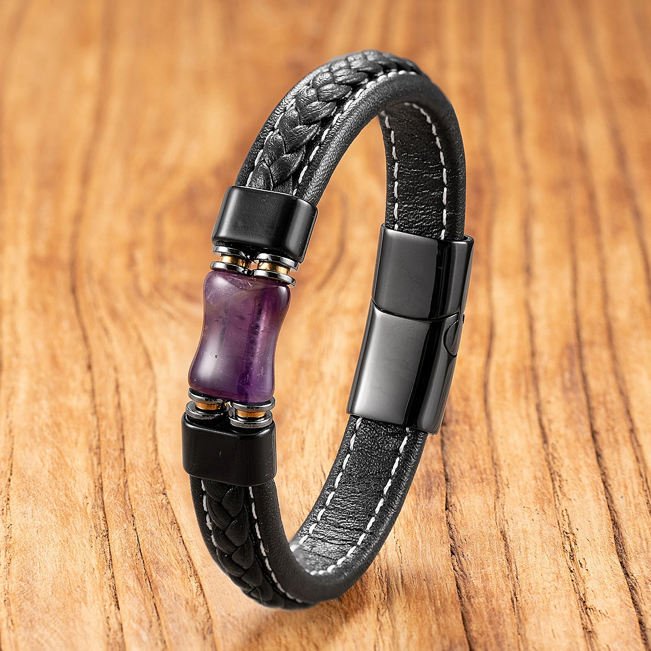 Vintage-Armband aus Achatstein, handgefertigt mit Lederband, einzigartiger Unisex-Boho-Schmuck für den täglichen Gebrauch. – Detail 10