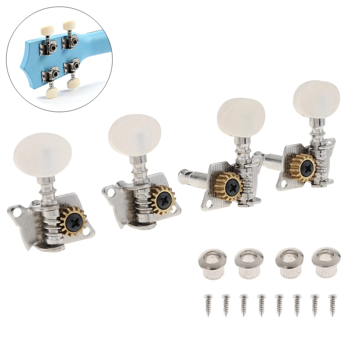 4pcs Ukulele White Tuning Pegs 2R+2L Steel Machine Heads Tuners for 21 / 23 / 26 Inch Ukulele Stringed Musical Instruments