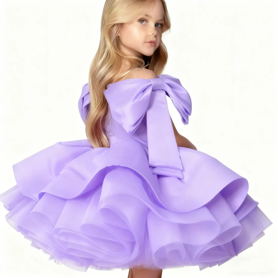 

Elegant Off-Shoulder Flower Girl Dress A-Line Skirt with Bow Puff Sleeves Ruffled Satin Children's Dress Customizable