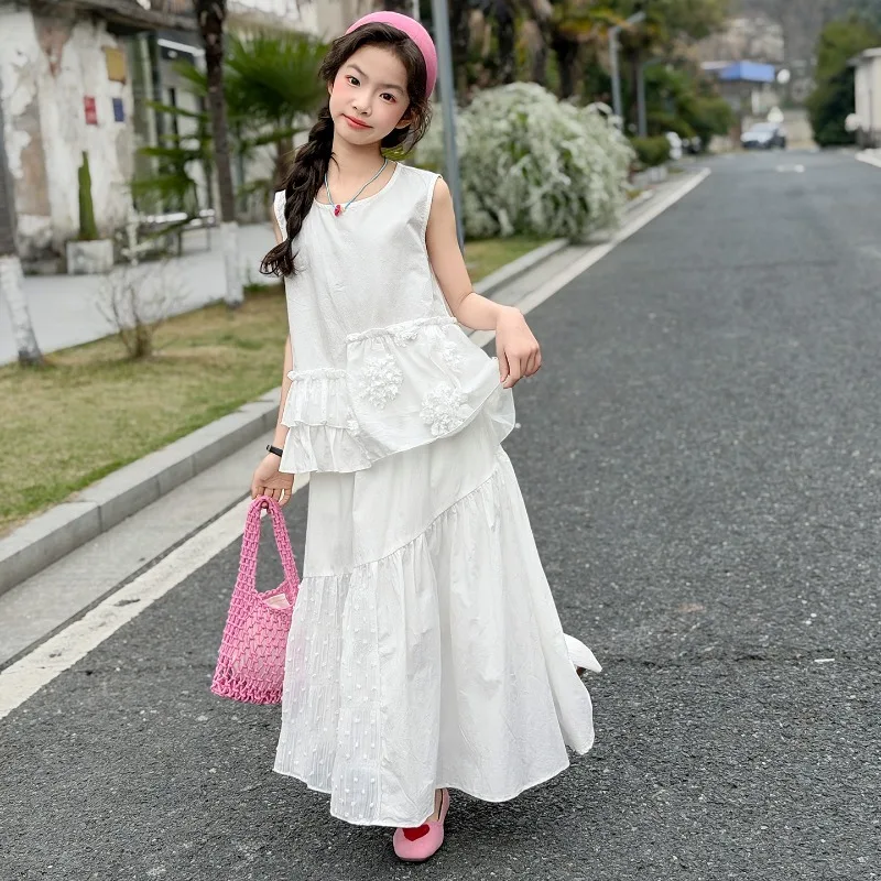 Children Clothes Girls Summer 2026 Fllower Ruffle Sleeveless White Irregular Hem Top and Long Skirt Minimalist Versatile