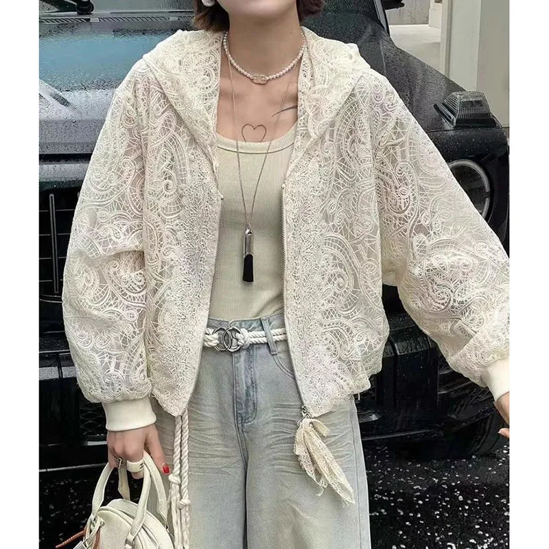 Sun Protection Ladies Korean Age-reducing Relaxed Temperament Design Lace Hooded Cardigan Women Hollow Coat Thin Coat Female Top