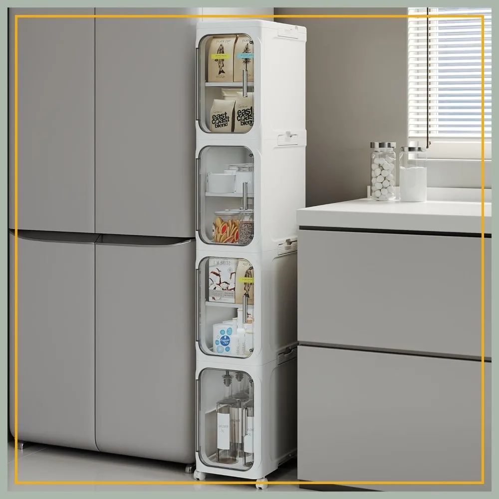 

4-Tier Tall Narrow Storage Cabinet with Adjustable Shelves and Wheels for Small Spaces, Bathroom, Kitchen, Laundry, White