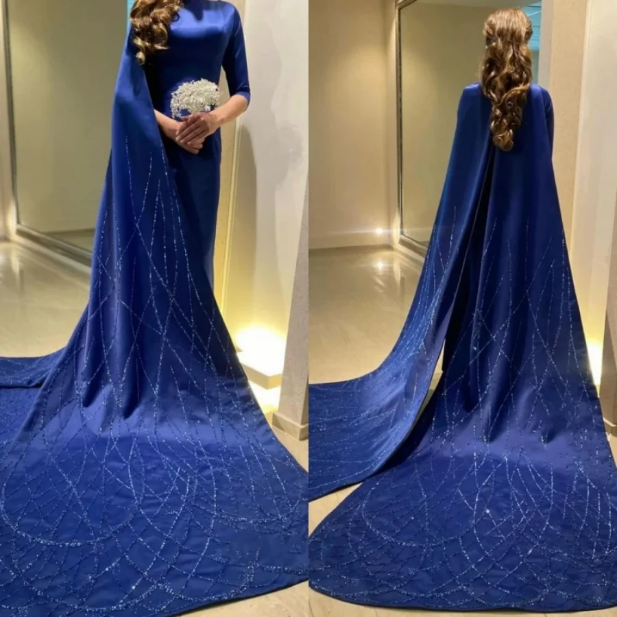 Exquisite Blue Scoop Neck Evening Dresses Sheath Sweep Paillette  Sequins Satin Formal Occasion Prom Gowns فستان حفلات الزفاف