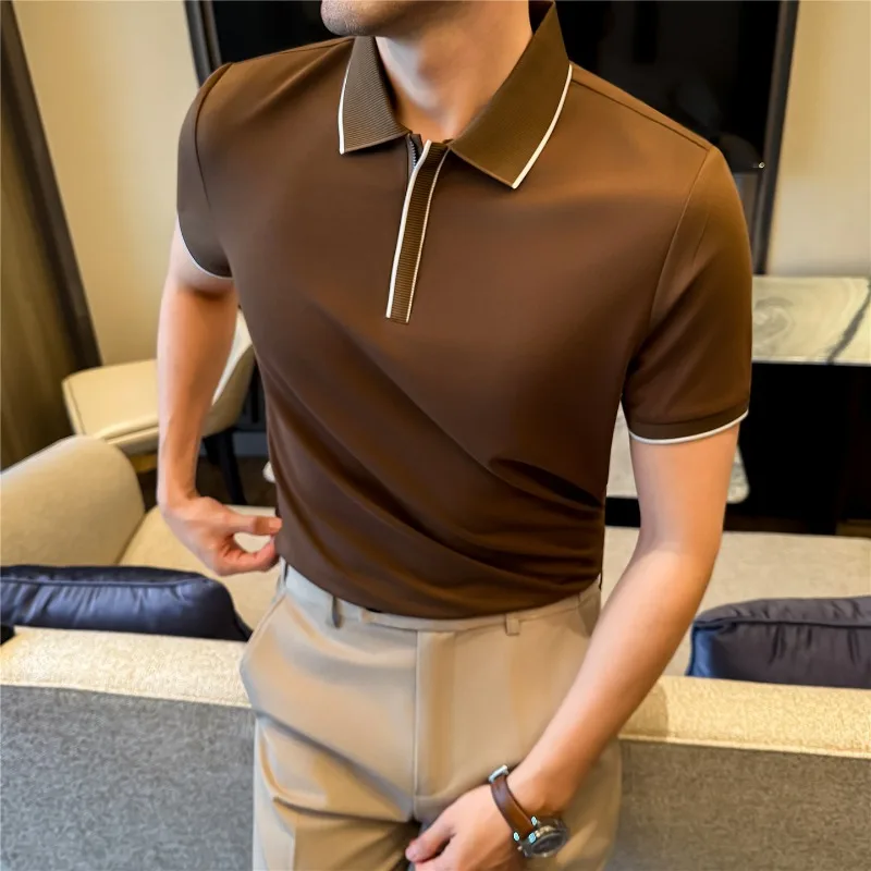 Men Polo Shirt Light Thin Short Sleeve Hidden Half Zipper Collar Top Casual High Elasticity T-shirt Summer Fashion Men Clothing