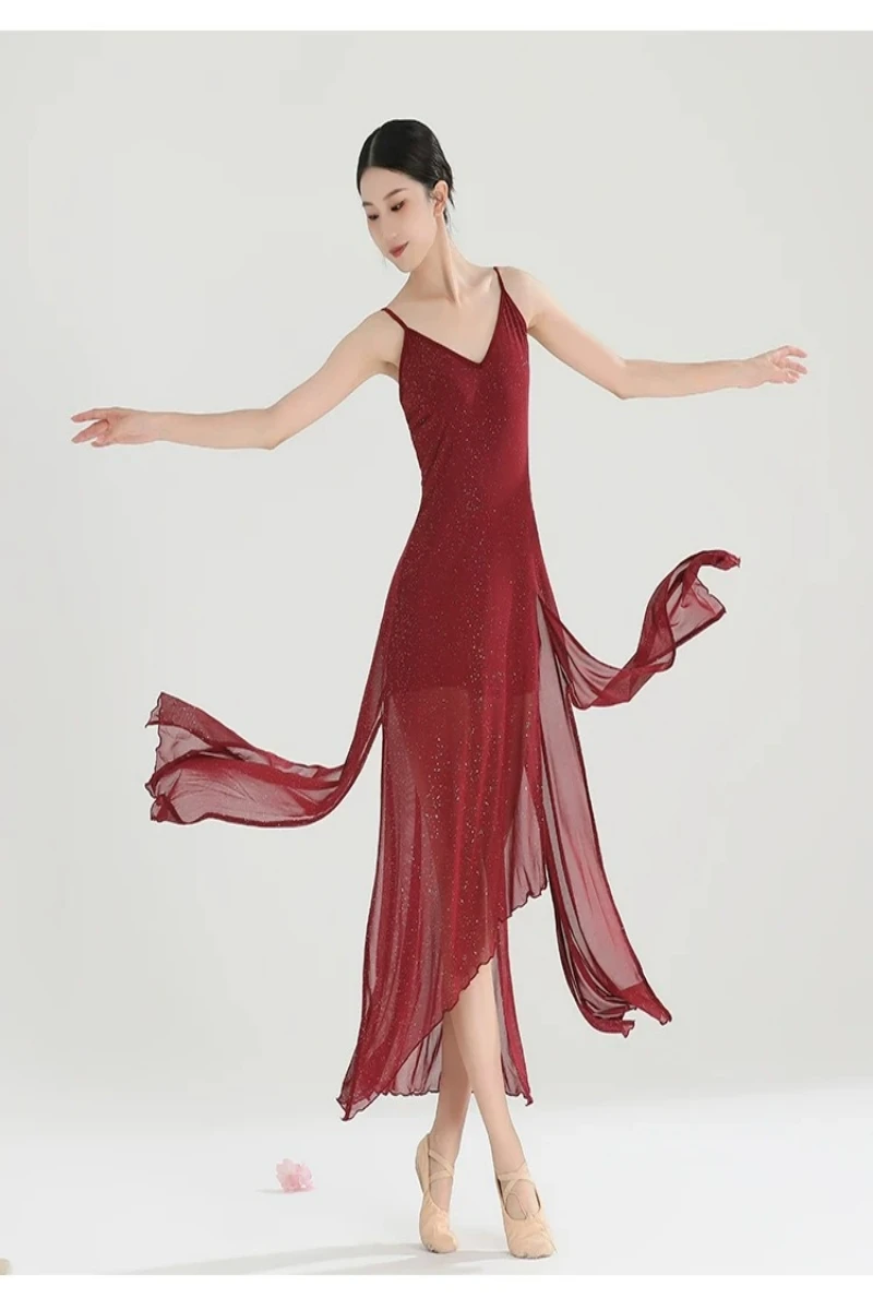 Classical Latin Jazz Irregular Strap Flash Yarn Skirt Performance Practice Dress Wine Red Split Dance Special Skirt