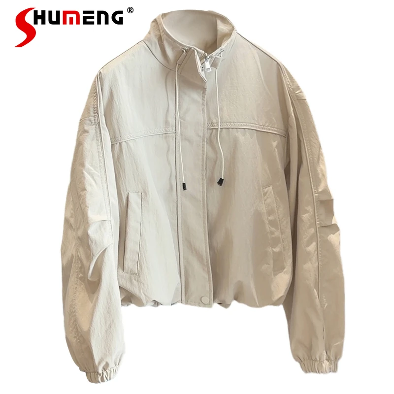 

Fashion Stand Collar Trench Coats Women 2026 Spring New Loose Comfort Drawstring Jackets Ladies Long Sleeve Solid Color Jackets