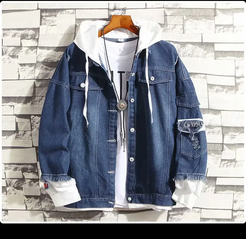 Spring Autumn Men's Fake Two Pieces Fashion Denim Jacket Casual Broken Hole Long Sleeve Jeans Coat