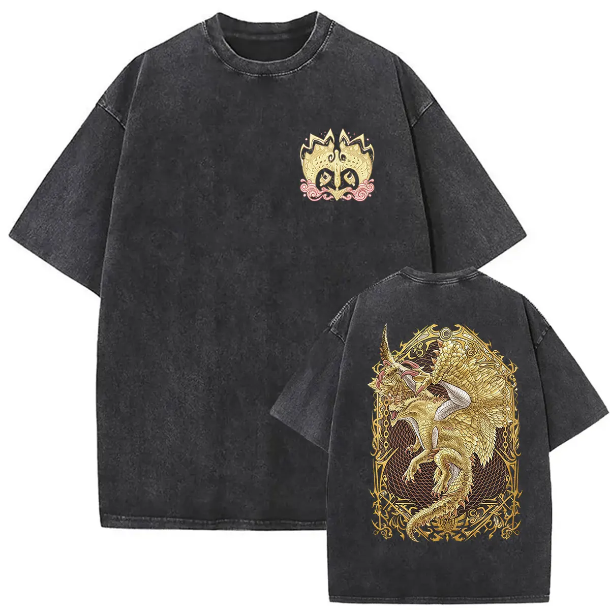 Monster Hunter Vintage Washed T-Shirts Shagaru Magala The Golden Eclipse Game Player T-Shirt Herren Damen Übergroßes Baumwoll-T-Shirt