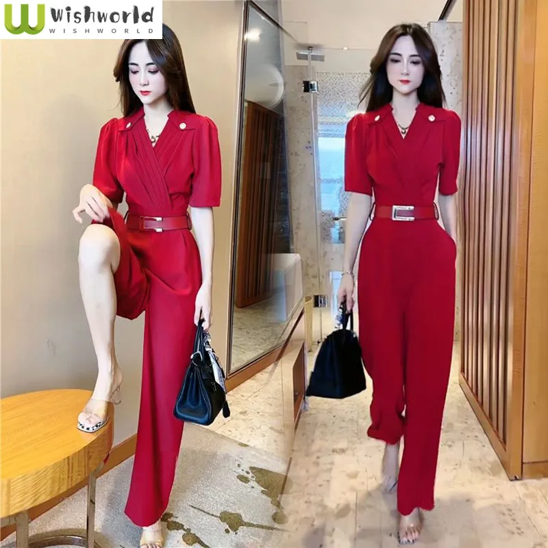 

2023 Summer New Belt Decoration Chest Fold Short Sleeve Jumpsuit Loose Casual Wide Leg Pants One Piece Tight Clothing