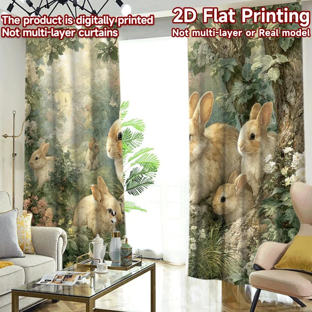 2D FLAT PRINTING 2pcs Curtains (Without Rod) Easter Rabbits in Spring Garden Popular Light Filtering Curtains Durable Polyester