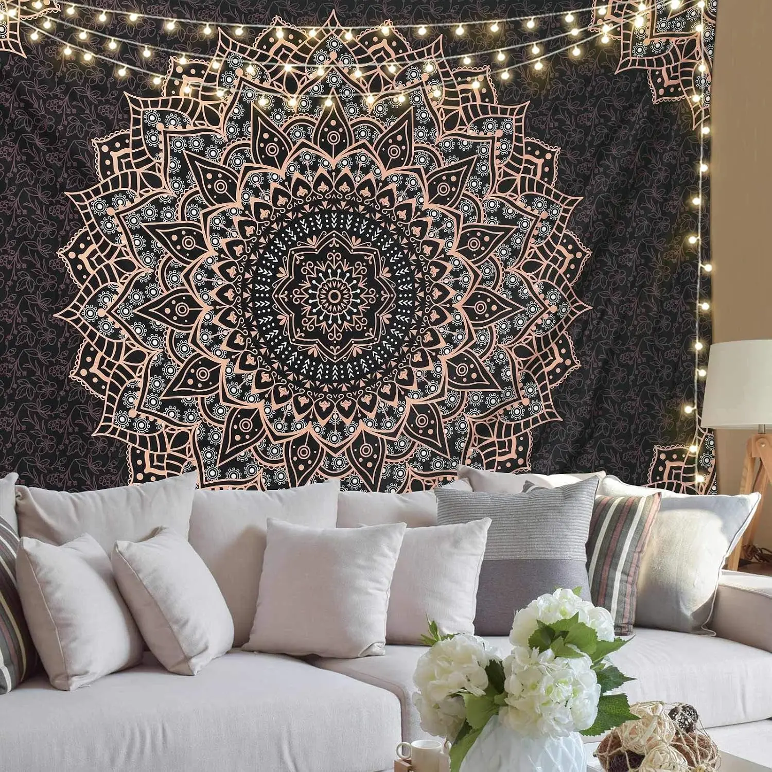 Schwarzer Mandala-Wandteppich – Wandbehang im Bohemian-Stil für Heimdekoration und Innenhintergründe WANDTEPPICHE – Detail 5