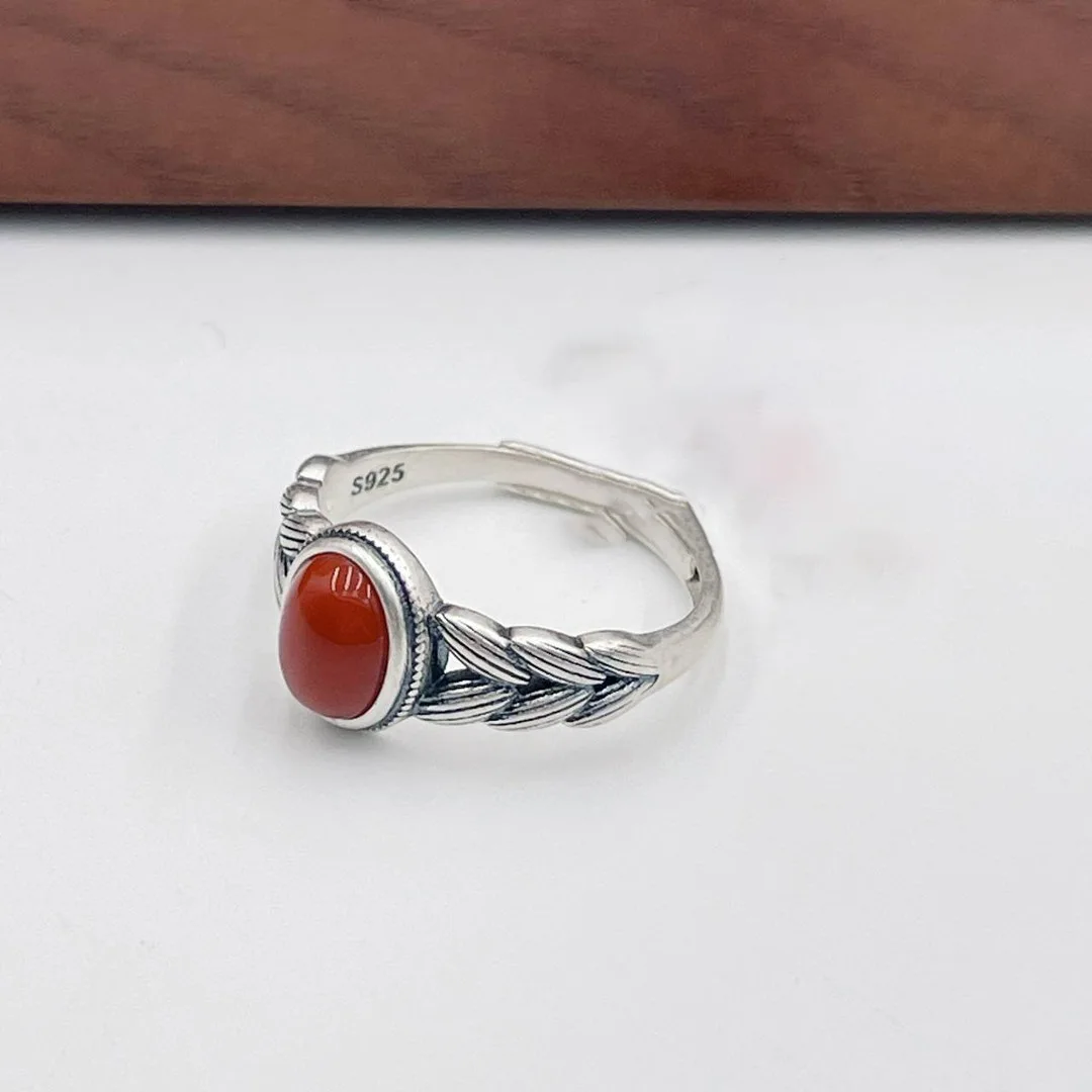 

925 Sterling Silver Open Finger Ring Vintage Red Square Oval Wheat Head Style Openwork For Women Jewelry Gift Dropship Wholesale