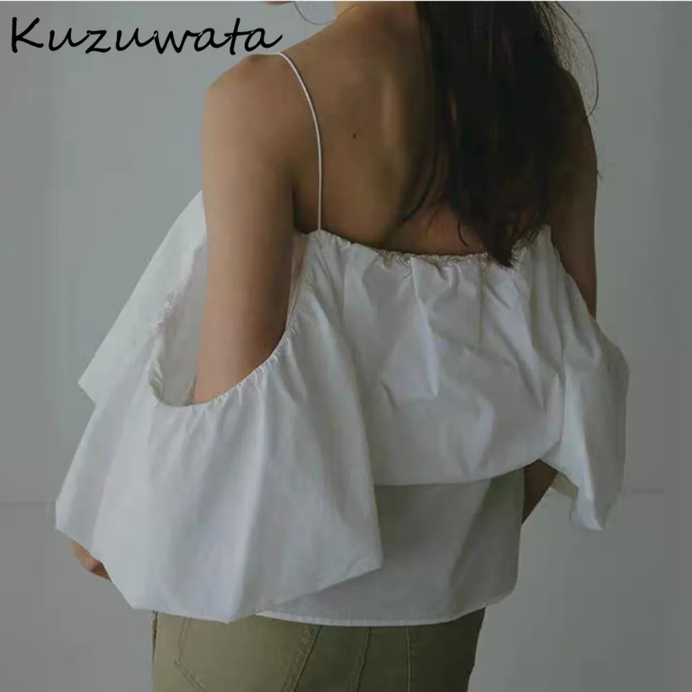 Kuzuwata-Blusa informal holgada con cuello oblicuo y Manga mariposa, camisa sencilla que combina con todo, Tops elásticos de Japón