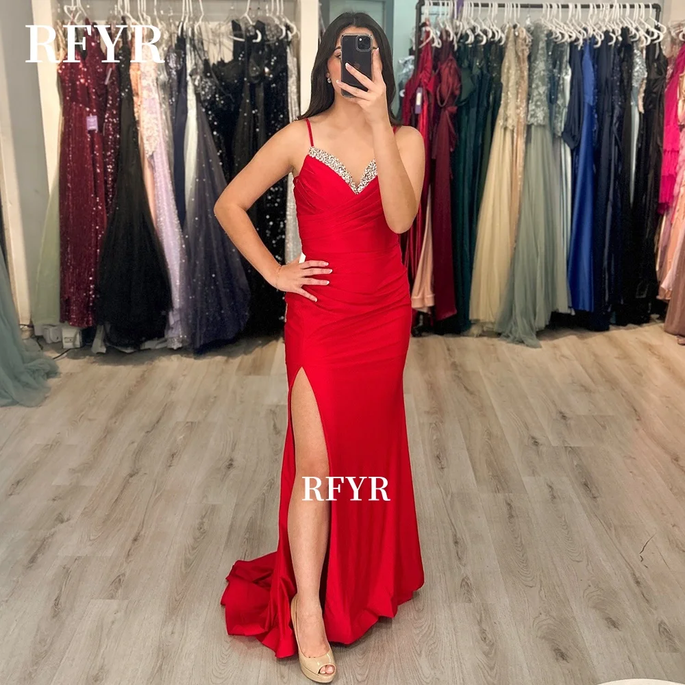 

RFYR Red Evening Dress Mermaid Prom Dress with Crystal Stones Vestido De Novia Side Slit Formal Party Dress for Women Customized