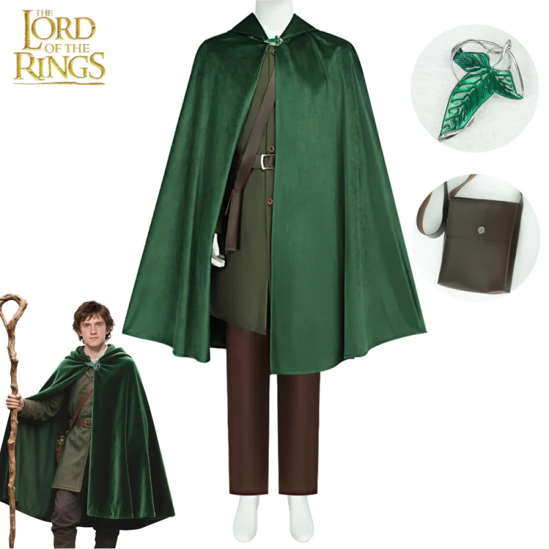Un costume complet de Bilbo Baggins, comprenant une cape, un gilet et une chemise d'elfe, parfait pour les fêtes d'Halloween pour hommes.