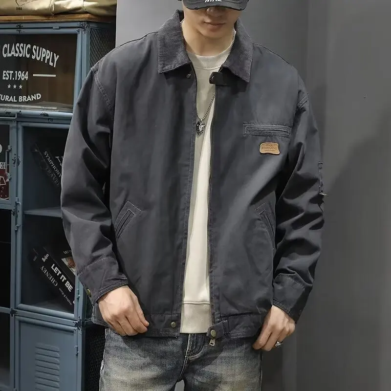 Man Cargo Jacket Spring Autumn Vintage Turn Down Collar Zipper Male Coat Simple Loose Casual Outdoor Long Sleeve Men Outerwear