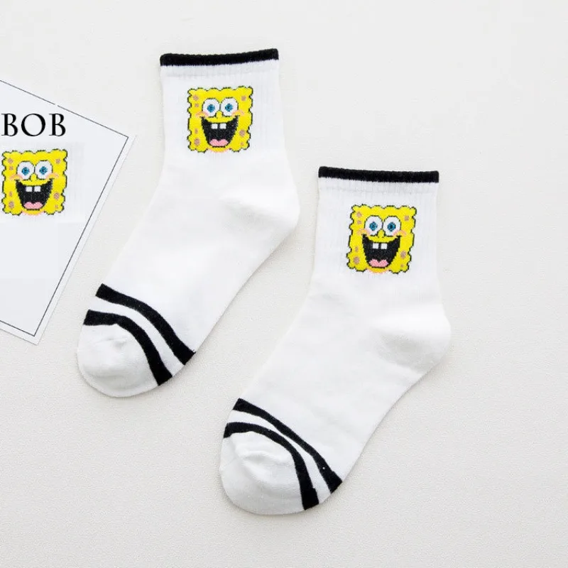 SpongeBob Cartoon Socks Women Girls Cute Street Fashion Mid-calf Socks Anime Sports Skateboard White Breathable Short Socks