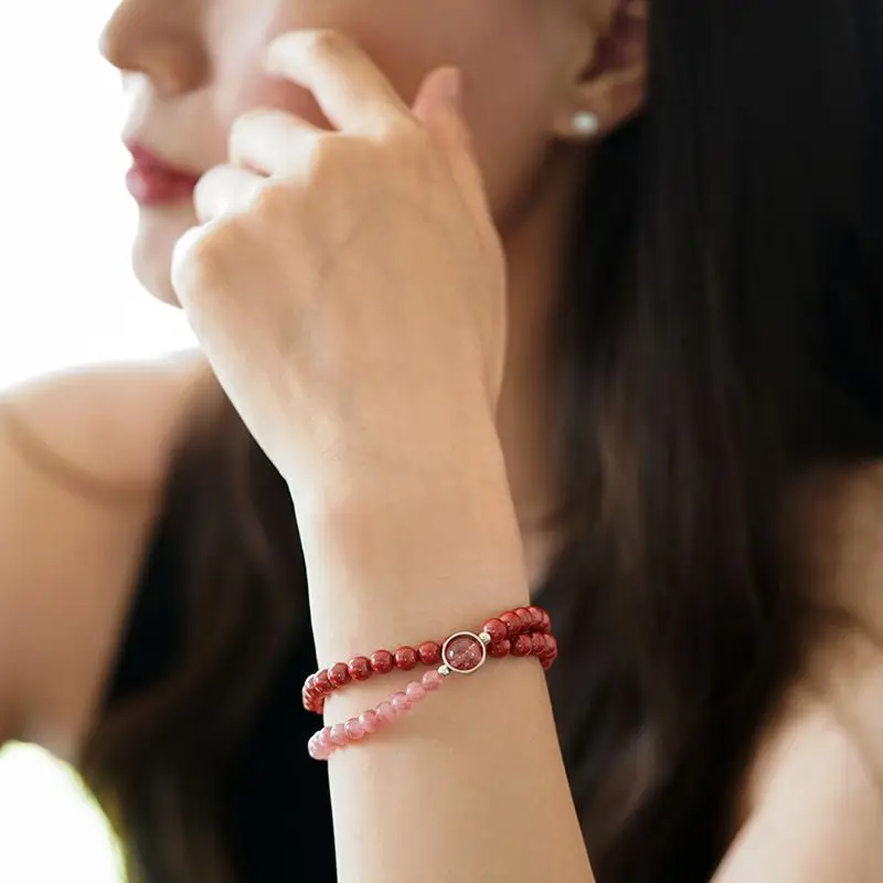 Cinnabar Red Patterned Double Circle Bracelet | Natural Strawberry Crystal Stone Bead Beads, Born In Year Of The Zodiac, Easy To