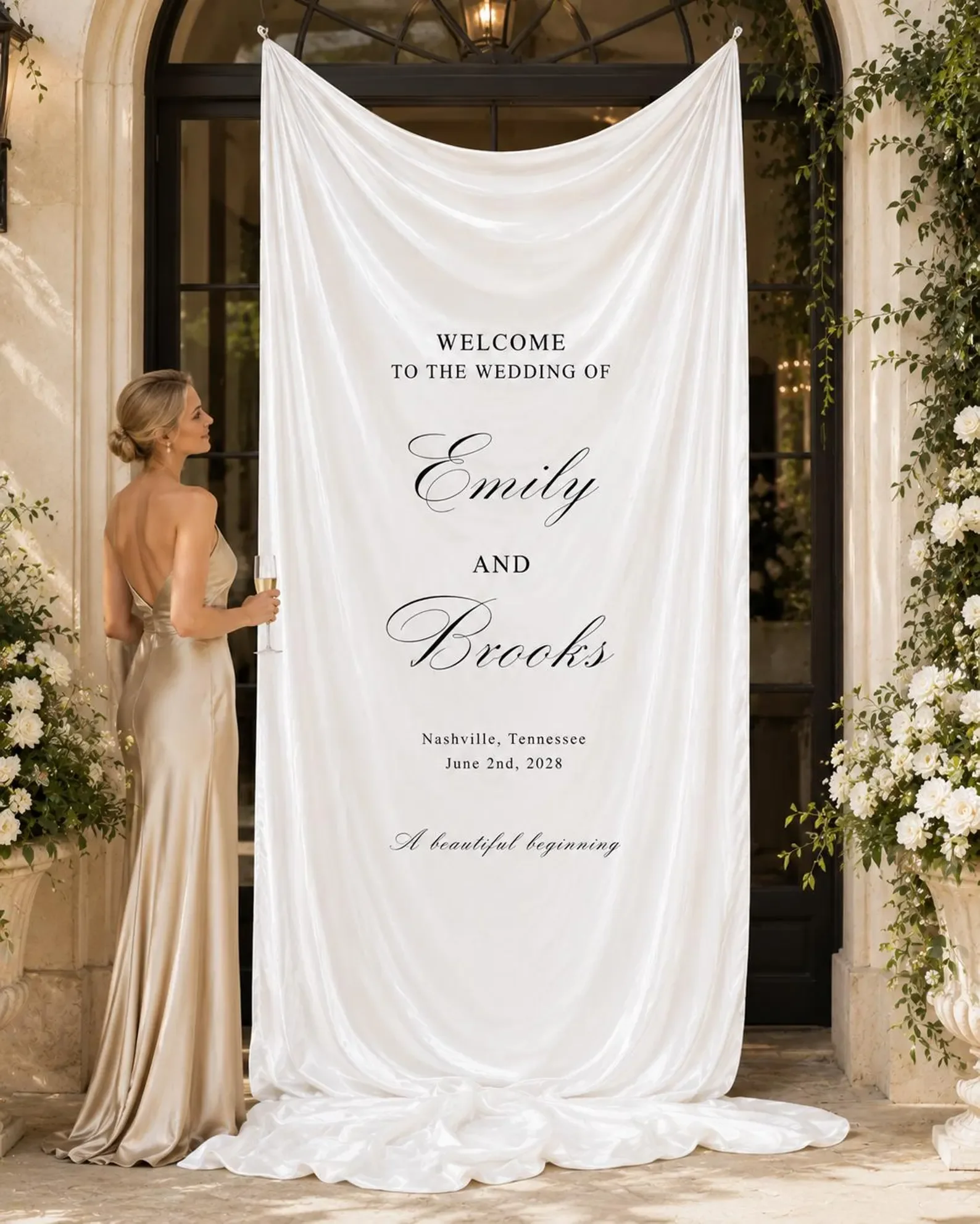 Personalized Wedding Welcome Banner Custom Names Date Fabric Sign for Ceremony Reception Entrance Backdrop Decor view 4