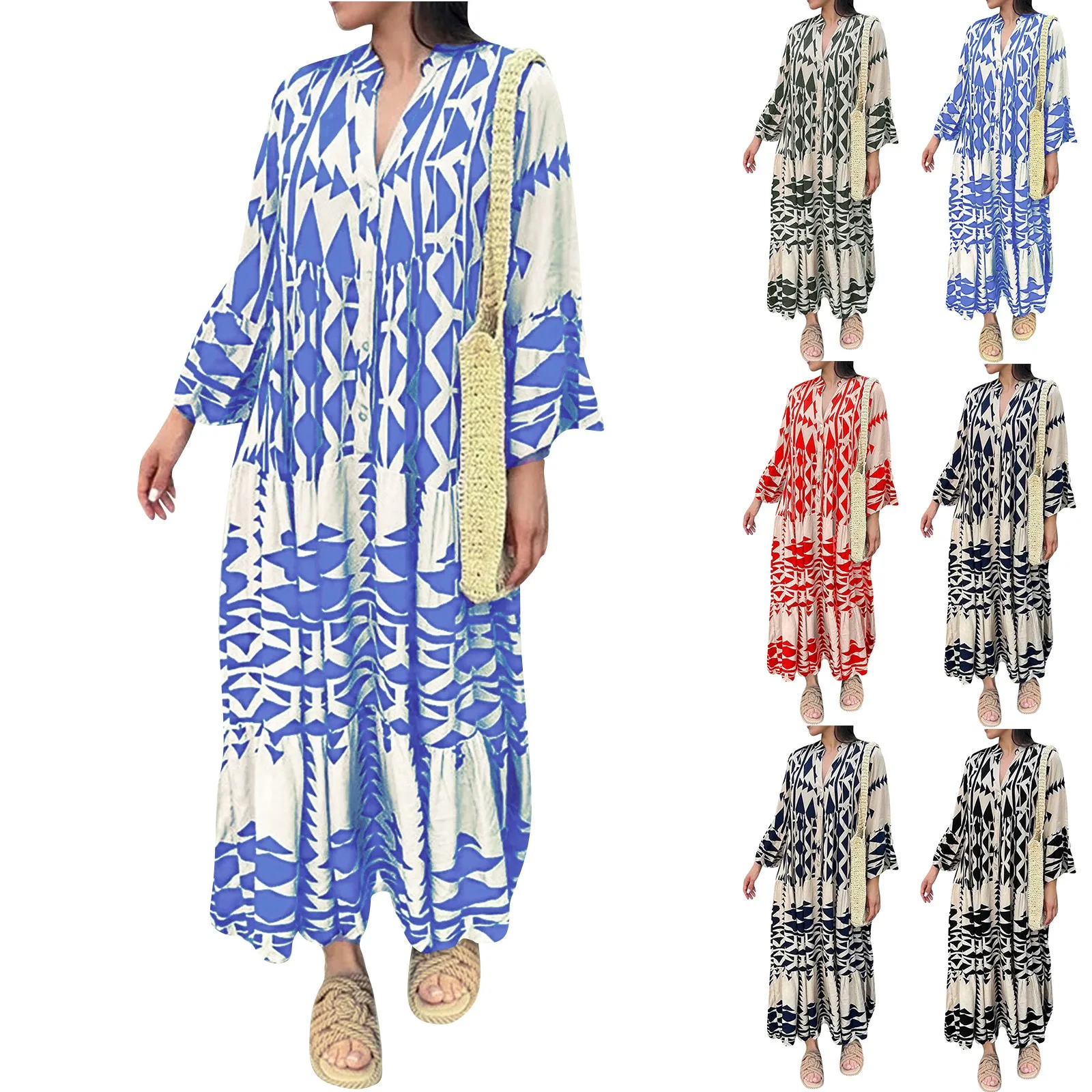 Women'S Printed Maxi Dresses Fashion Casual Loose Shirt Dress Bohemian Style Long Sleeved Daily Commute Vacation Long Dress