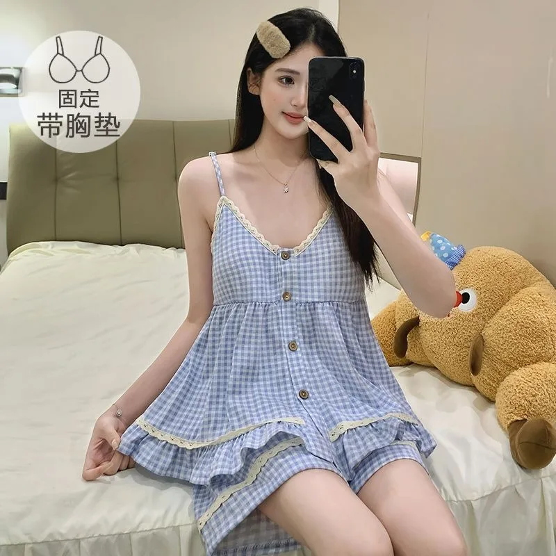 Korean Women's Summer Pajamas with Chest Pad Plaid Cami Top and Shorts 2 Pieces Sleepwear Students Pjs Dormitory Home Clothes