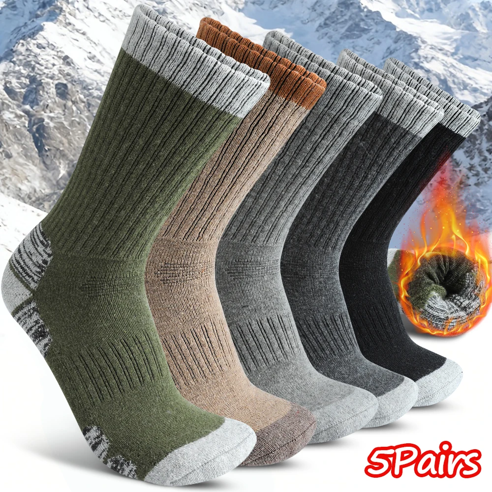 5Pairs Wool Men's Mid Tube Socks Winter Thermal Thick Sports Socks Durable Soft Cozy Cold Resistance Socks Running Skiing Hiking