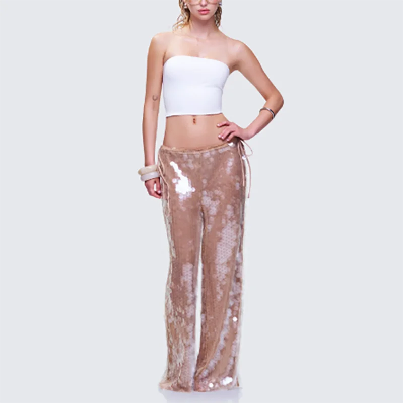 Mode décontracté couleur Pure pantalon de trajet tempérament dame élégant paillettes pantalon à jambes larges taille haute paillettes fille chaude pantalons longs