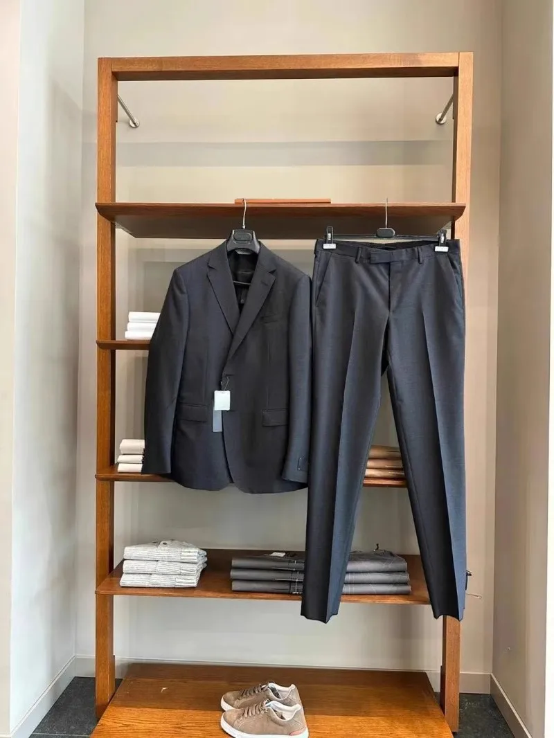 

Luxury Men's Wool Blend Suiting Cus Woven Hand Sewn Spring Autumn Stand Fit Long Sve Two Button Single Pleat