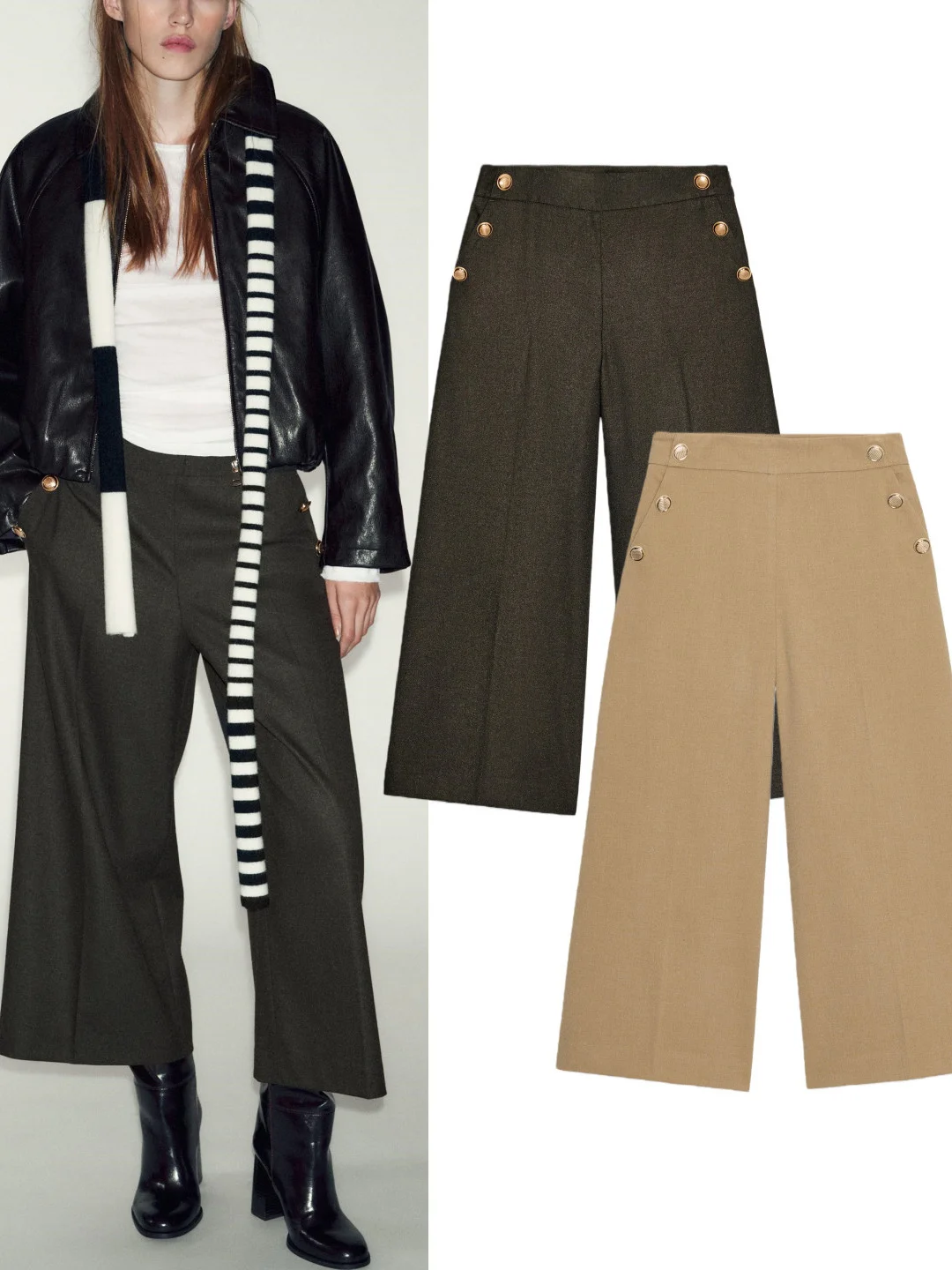 Winter New Casual High Waist Button Decorated ort Wide Leg Seven-Foot Pants Women's Faion Side Zipper  Trousers