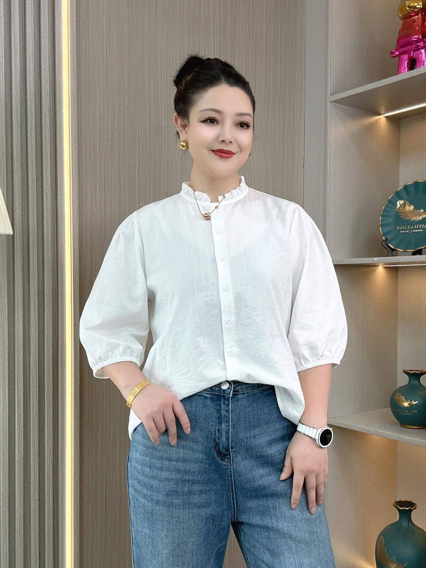 

Spring Summer New Sle Lace Collar Loose Fit Lantern Sve Women's irt Breathable Cotton Blend Comfortable Daily Wear