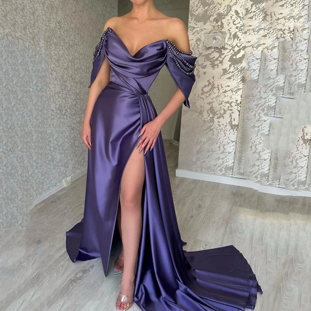

Camellia Elegant A Line Evening Dresses Off Shoulder With Belt Side Slit Celebrity Prom Dress Strapless Pleated Formal Gowns