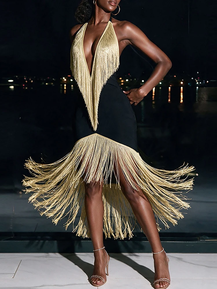 Elegant Ladies Sleeveless Long Dress Sexy Deep V Hollow Backless Party Dress Tassel Splicing Sleeveless Suspender Holiday Dress
