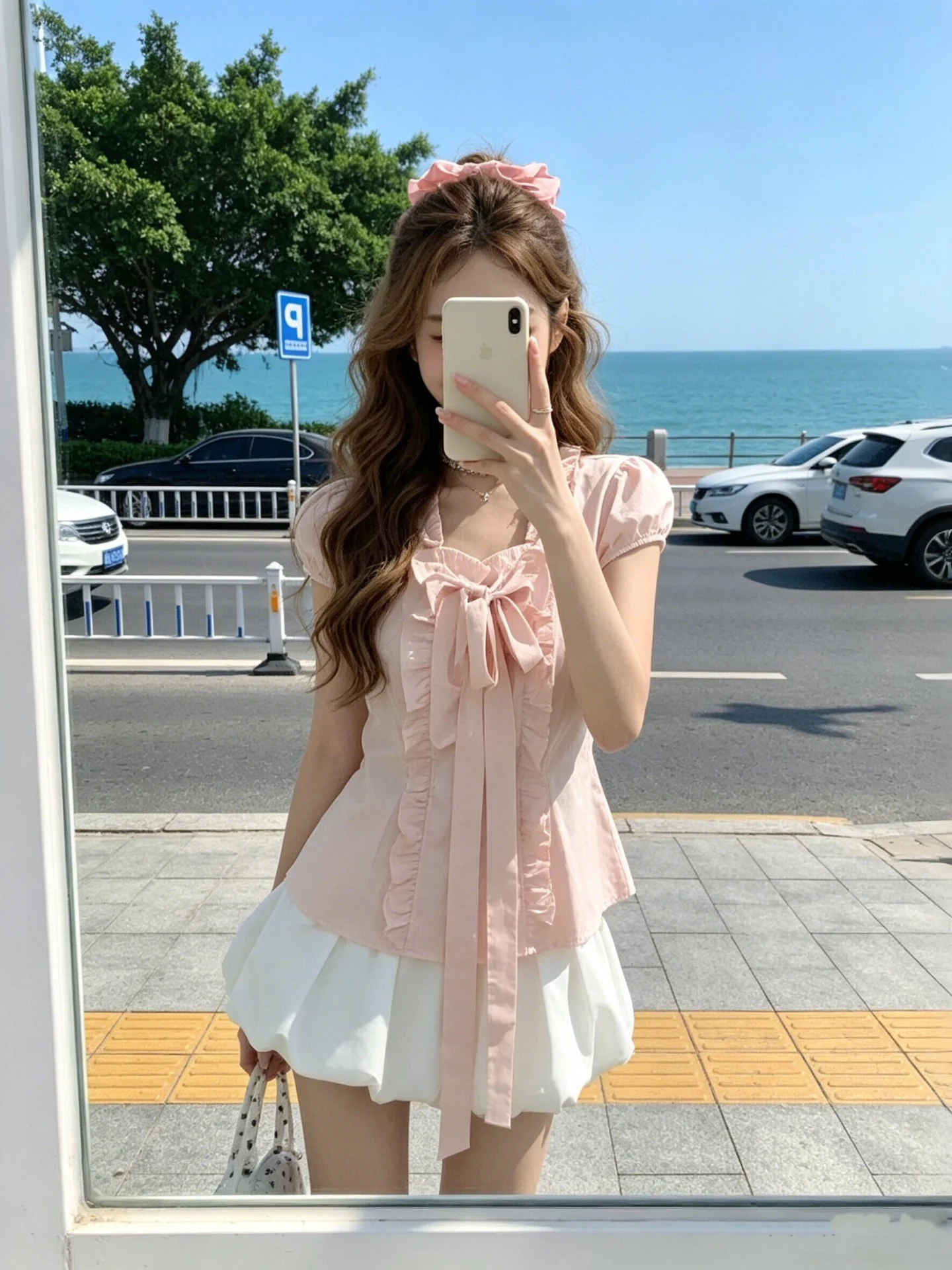 

Sweet Style Short Sleeve Shirt Women's Waist Cinching Slimming Bubble Sleeve Top Knot Commute Wind Summer Fashion