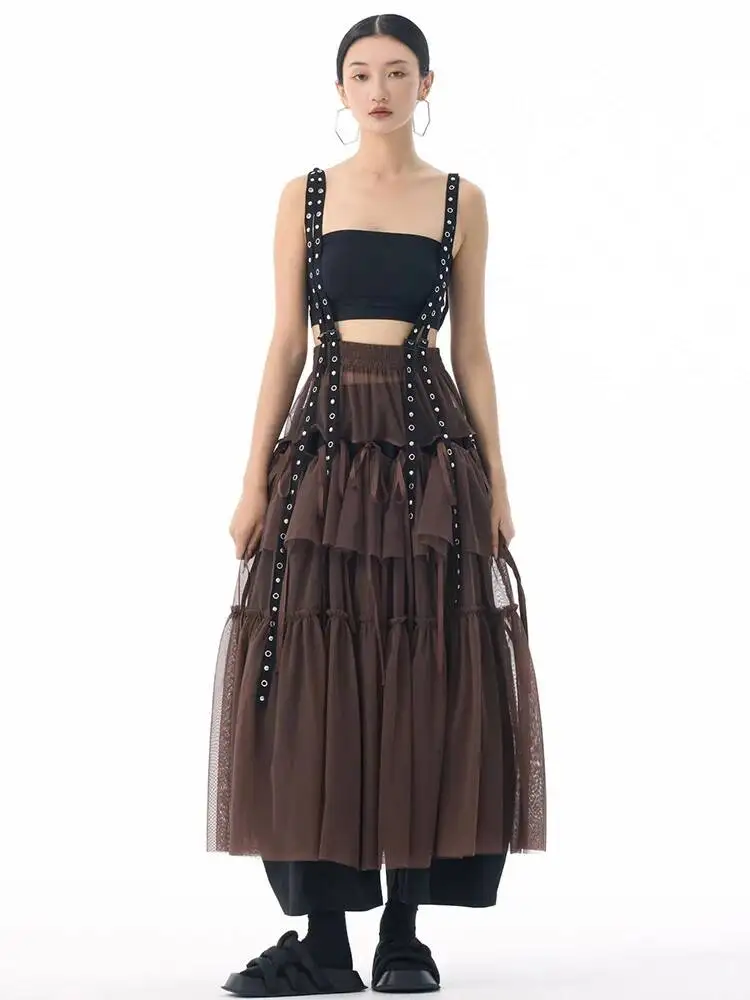 High Elastic Waist Coffee Mesh Perspective Ribbon Strap Half-body Skirt Women Fashion Tide New Spring Autumn