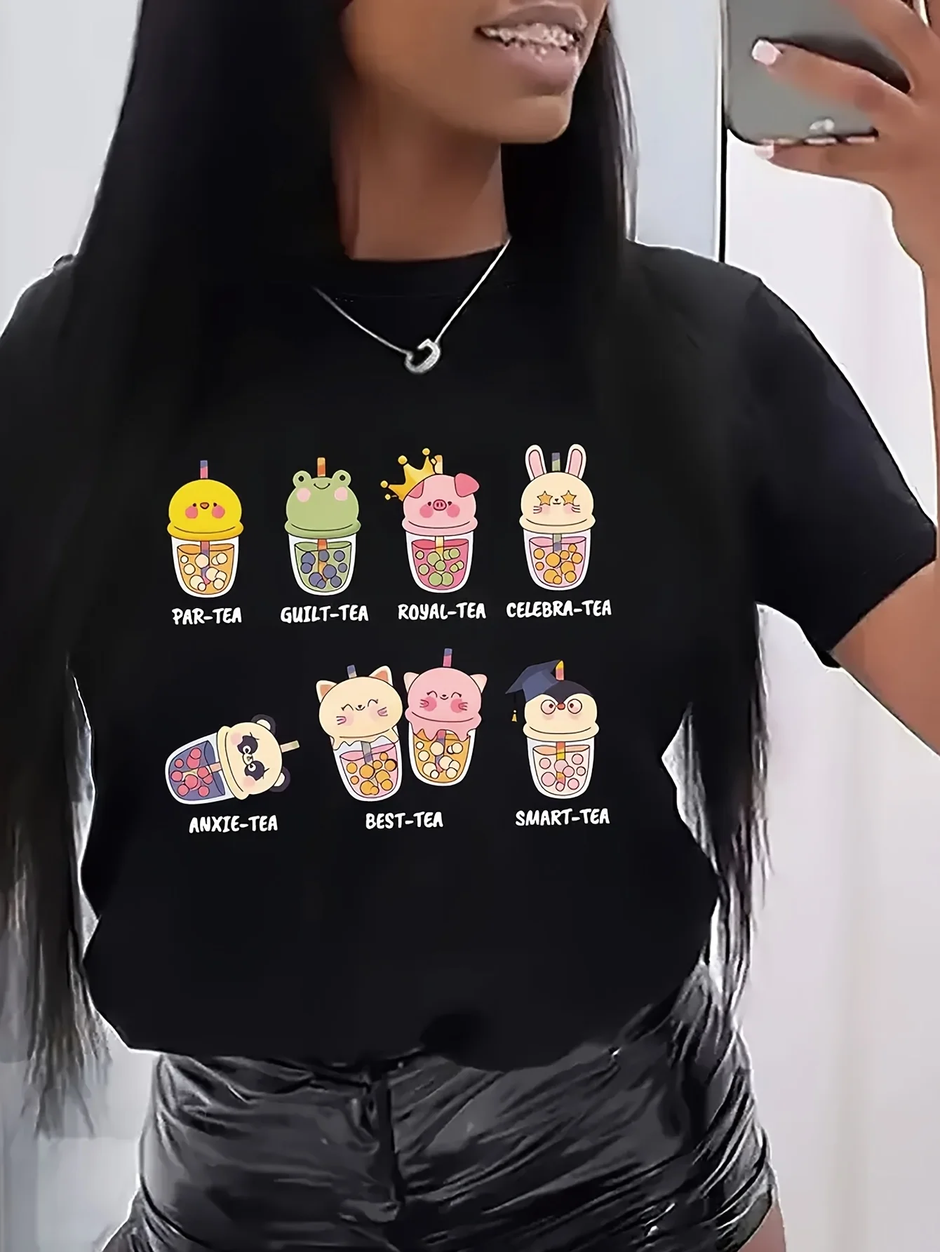 

Женская забавная футболка с принтом чая с молоком, повседневная футболка с круглым вырезом и коротким рукавом с геометрическим узором, идеально подходящая для весеннего и лета