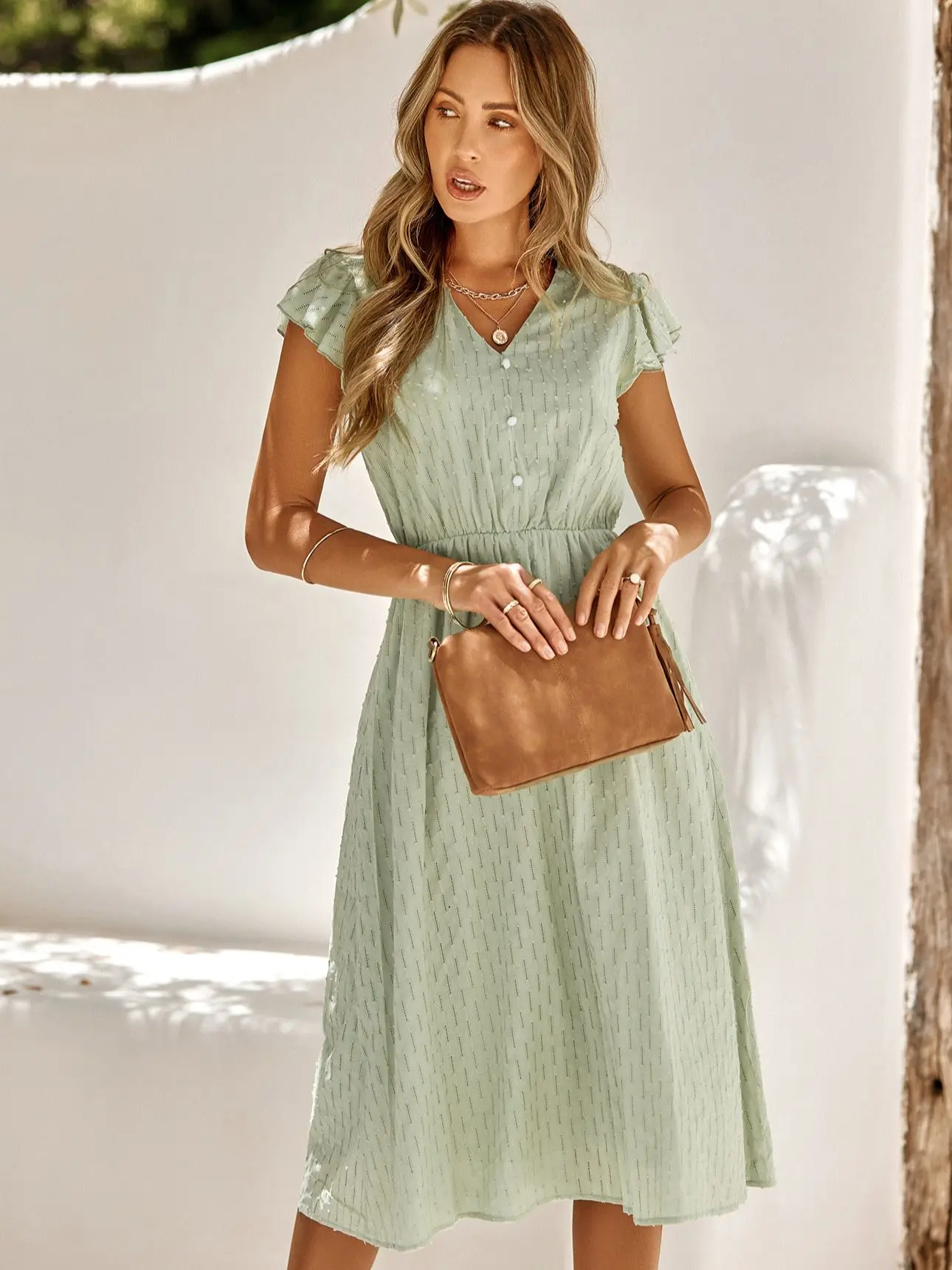 2025 Nuovo Vestito Estivo Delle Donne Casual Solido Con Scollo A V A Vita Alta Vento Fresco Abiti Midi Per Le Donne Elegante Boho Vestito Bianco Abiti