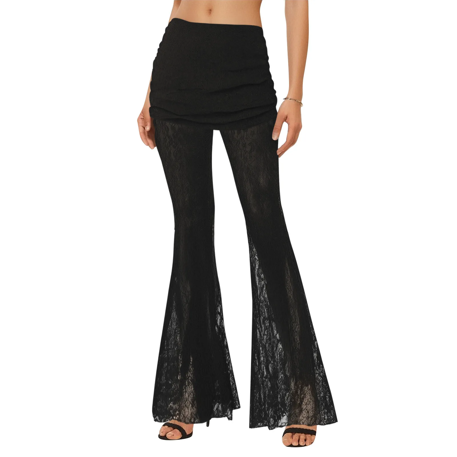 2025 Pantaloni svasati in rete velata di pizzo di nuova moda Pantaloni lunghi elastici a vita alta Pantaloni da strada slim stile semplice da donna di Halloween