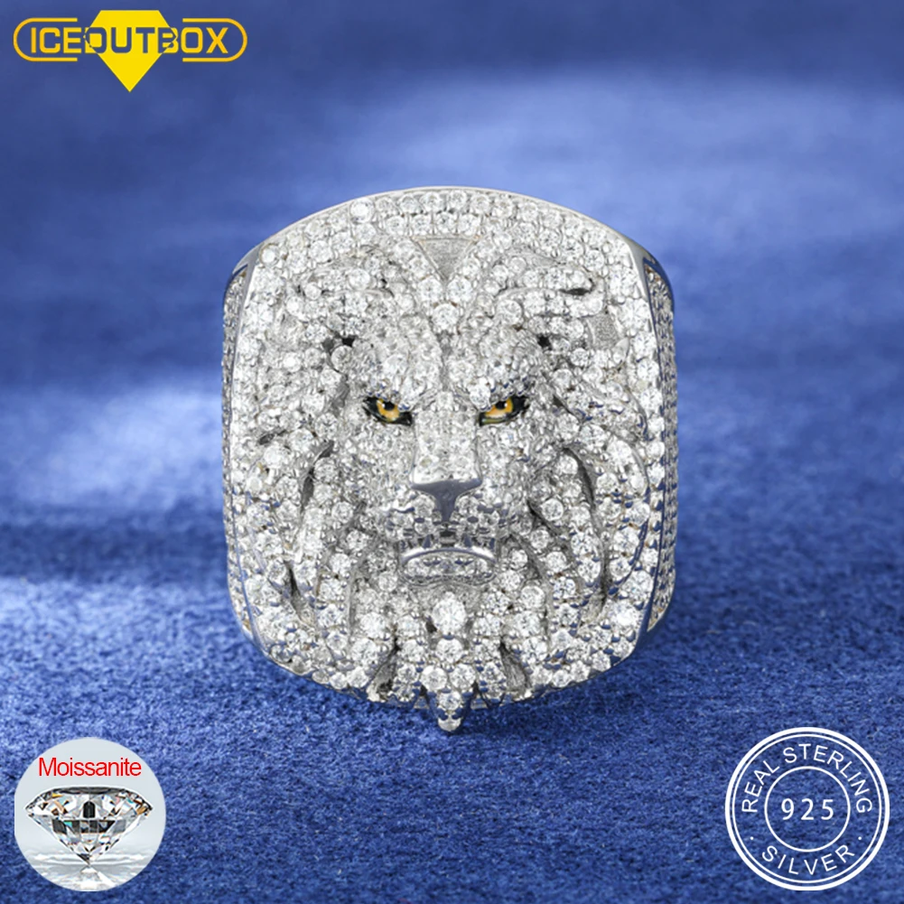 Luxury S925 D VVS Moissanite Lion Head Men's Ring Iced Out Prong Setting Bling Punk Hip Hop Rock Street Party Jewelry Christmas