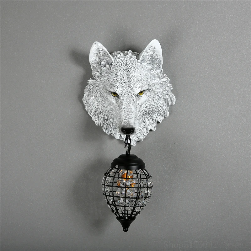 Nordic Resin Wolf Head Wall Lamp Designer Animal Lamp Stair Light Outdoor Lighting Industrial Decor Cafe Bar Crystal Wall Light