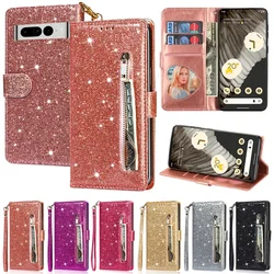 Wallet Glitter Zipper Magnetic Flip Leather Case For Google Pixel 9 Pro XL 8 Pro 8a 7 Pro 7a 6 Pro 6a With Card Slot Photo Frame