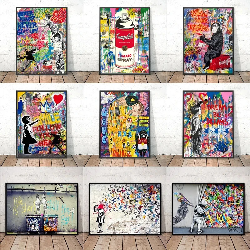 Pop Street Graffiti Art Canvas Paintings The Kiss ,life Is Short,chill The Out Banksy Wall Art Posters Picture for Home Decor