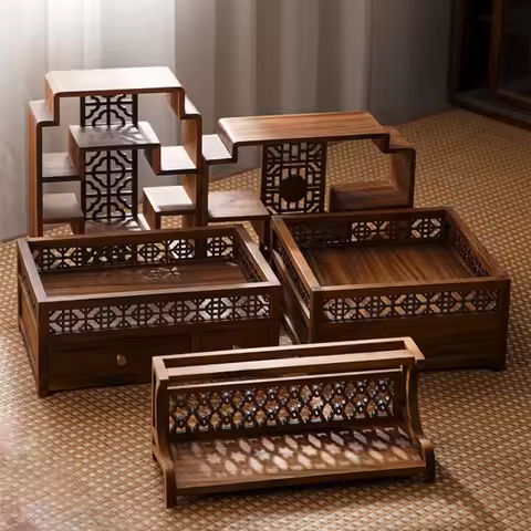 Walnut Storage Rack New Chinese Style Tea Room Organize Shelf Multi Grid Drawer Cabinet Antique Teacup Display Rack