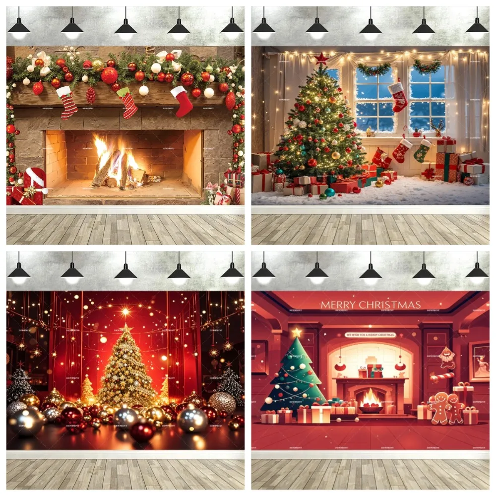 

Christmas Red Backdrop for Photography Xmas Ball Gifts Bell Green Pine Tree Rustic Snow New Year Family Party Decor Background