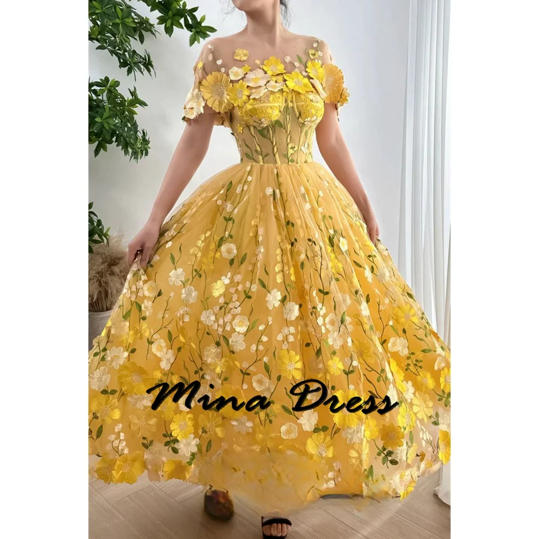 Mina-Yellow Flower Sticker A-shaped Ball Dress Elegant Detachable Shawl and Ankle Length 2024 Summer Fashion