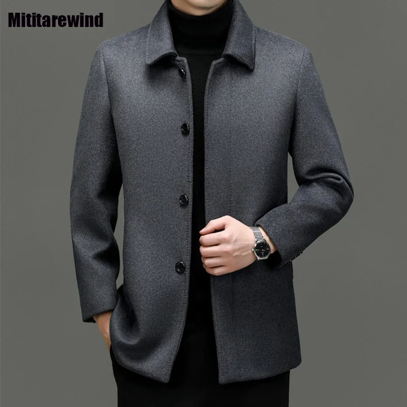 Classic Fashion Fall Winter Mid-Long Coats for Men Business Casual Woolen Coat Lapel Black Wool Blend Coat Warm Man Trench Coat