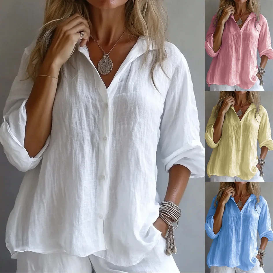 

2025 European and American women's clothing Amazon spring explosion solid color linen v-neck long-sleeved casual shirt