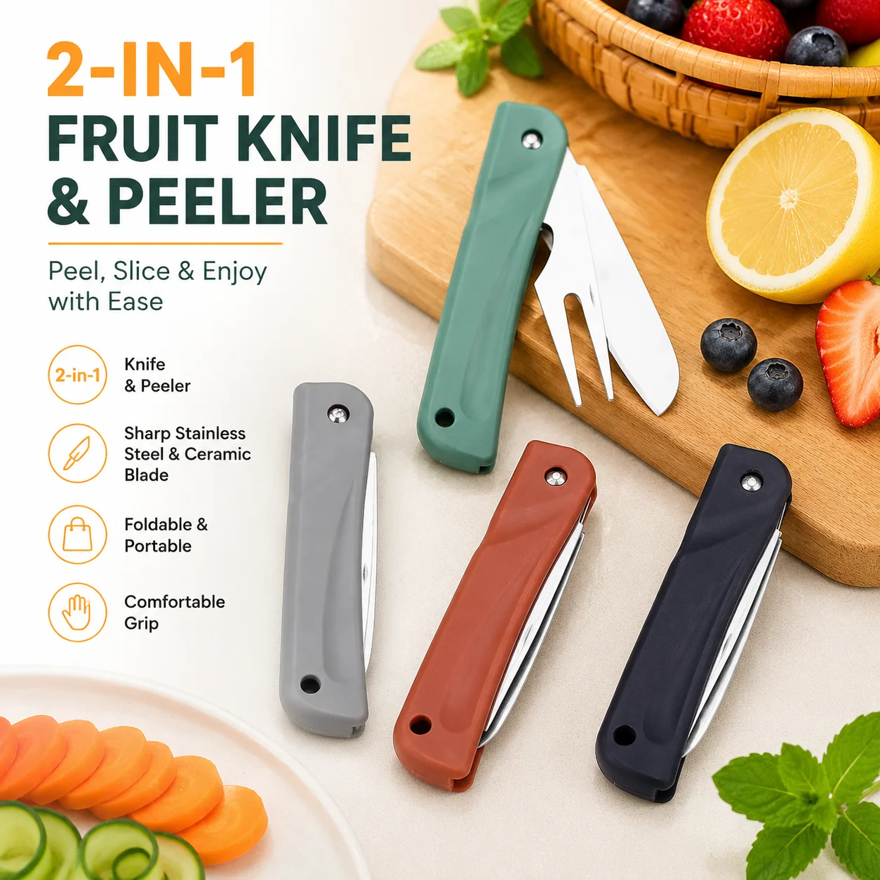 2-in-1 Foldable Fruit Knife and Peeler, Multifunctional Portable Kitchen Tool with Stainless Steel and Ceramic Blade for Peeling