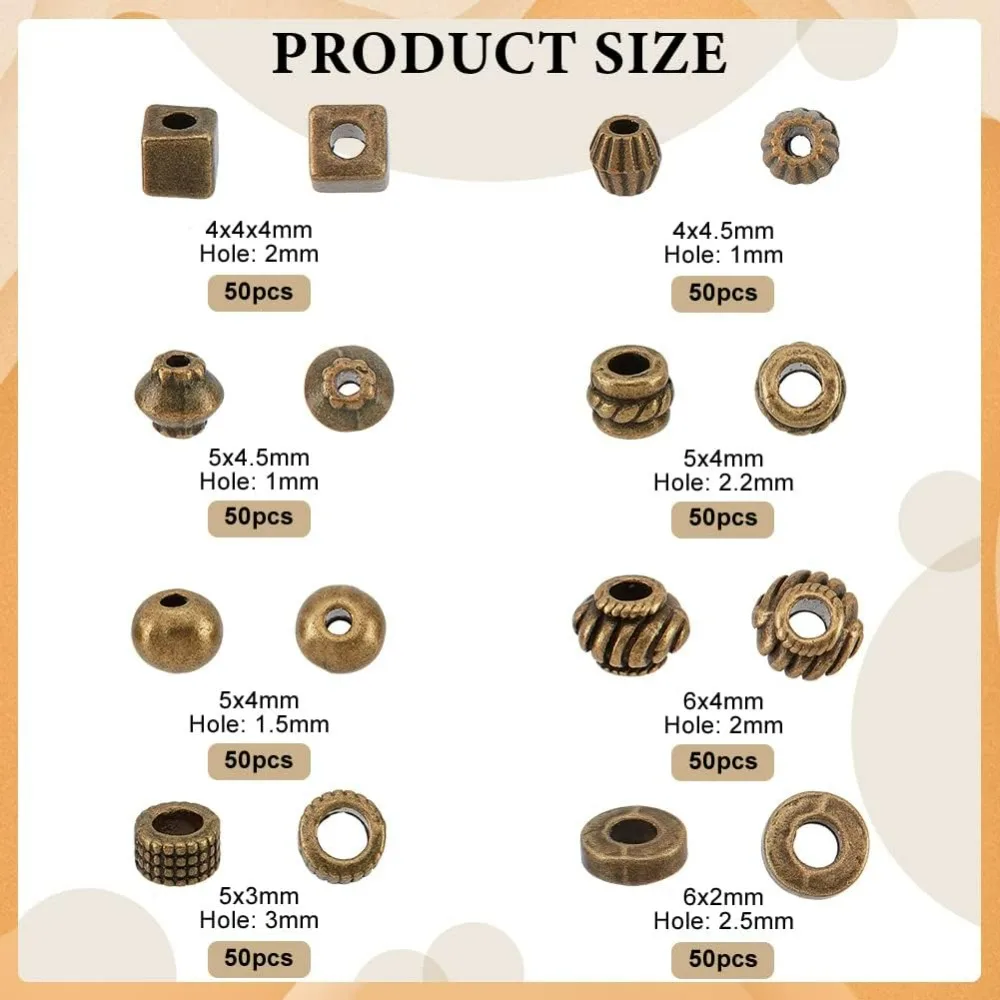 400 Pcs Style Alloy Spacer Beads 8 Styles Mixed Metal Bead Round/Bicone/Column/Donut/Rondelle Alloy Loose Beads